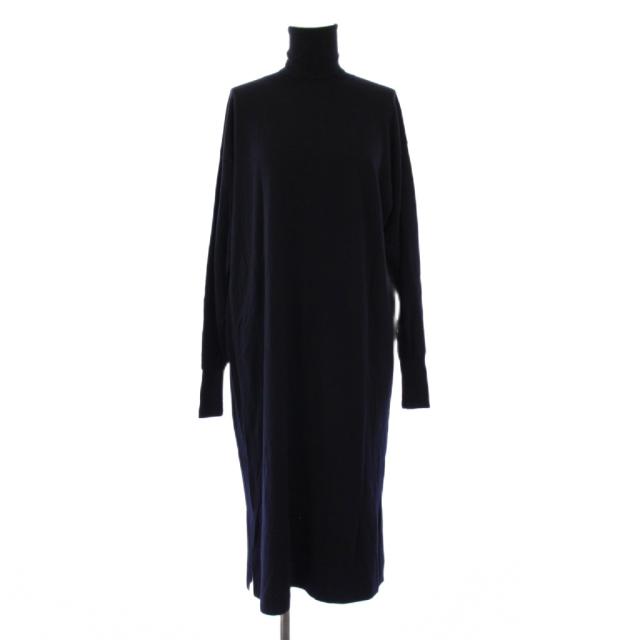 【中古】ブラミンク BLAMINK ウールカシミヤ18Gタートルニットワンピース ひざ丈 長袖 ワンカラー 無地 36 紺