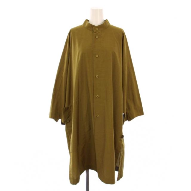 【中古】イッセイミヤケ ISSEY MIYAKE 132 5. ロングシャツ ブラウス 七分袖 スタンドカラー 3 カーキ レディース