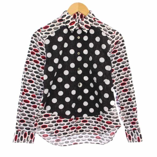 【中古】コムデギャルソンブラック AD2018 カジュアルシャツ 長袖 レギュラーカラー ドット柄 総柄 XS 黒 白 赤