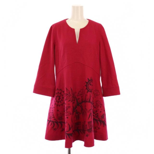 【中古】アルベロベロ ワンピース ひざ丈 七分袖 スキッパーネック ウール ピンク レディース