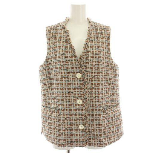 【中古】バッカ ボーダーパターンツイード 3Bベスト ジレ フリンジ チェック ラメ混 36 茶 ブラウン ベージュ 水色