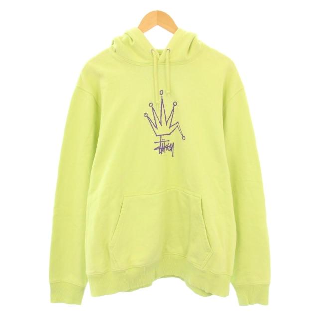 【中古】ステューシー STUSSY プルオーバーパーカー スウェット 長袖 ロゴ プリント L 黄緑 ライトグリーン