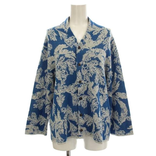 【中古】プランテーション plantation ニット カーディガン 総柄 長袖 M 青 グレー PL41KO170 /☆G レディース