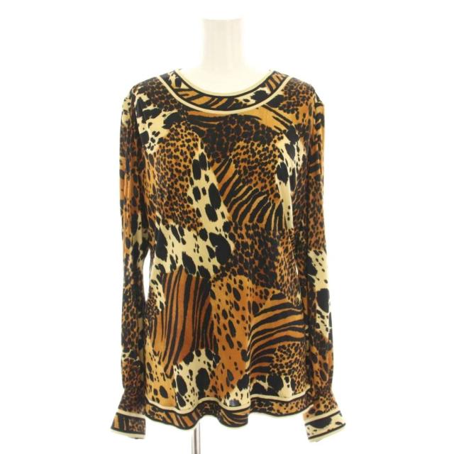 【中古】レオナール シャツ ブラウス カットソー 長袖 ヴィンテージ レオパード柄 ヒョウ柄 絹 40 茶 黒 レディース