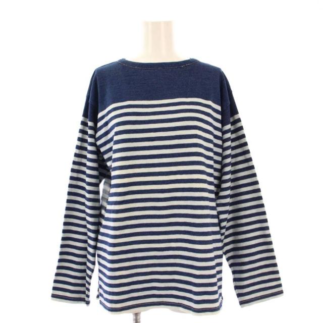 【中古】45R 45rpm 908バスクTシャツ カットソー 長袖 ボートネック ストレッチ バイカラー ボーダー柄 F 紺 水色