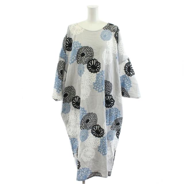 【中古】ソウソウ SOU SOU ワンピース ミモレ ロング 7分袖 花柄 コットン グレー 青 ブルー 黒 ブラック