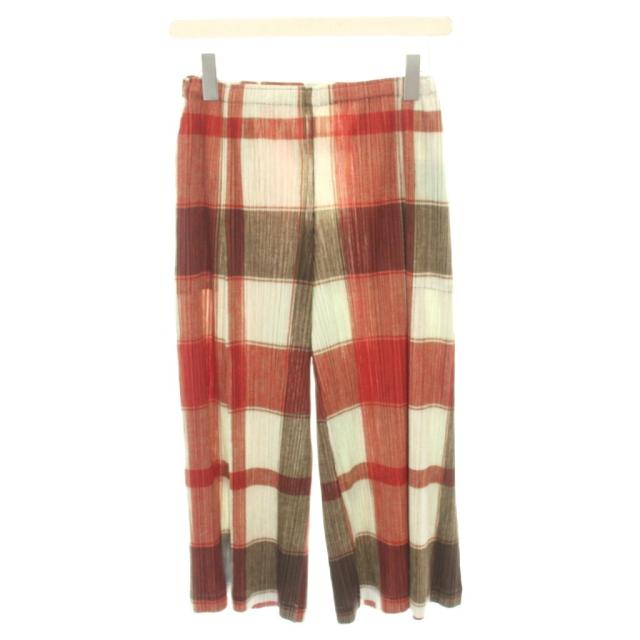 【中古】プリーツプリーズ イッセイミヤケ イージーパンツ プリーツパンツ チェック柄 2 赤 PP11-HF783 レディース