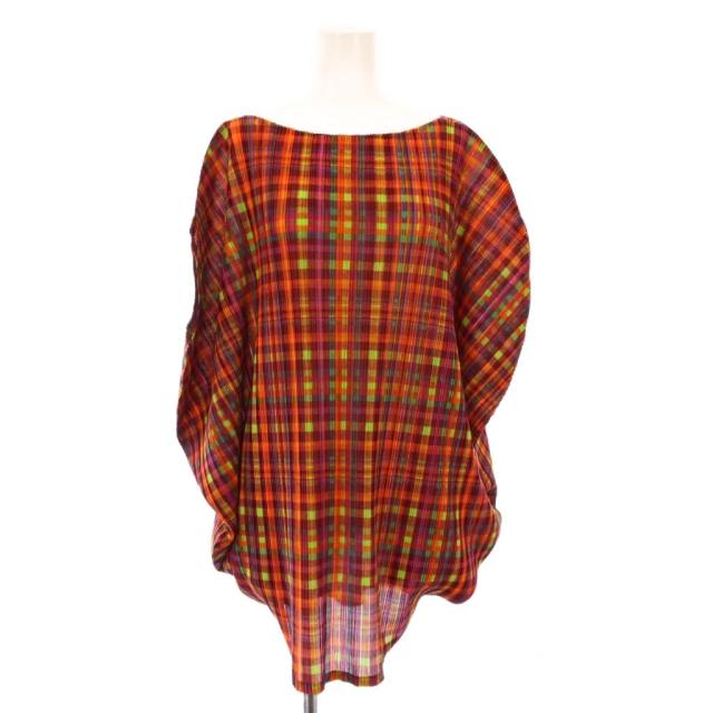 【中古】プリーツプリーズ イッセイミヤケ カットソー 五分袖 フレンチスリーブ チェック柄 マルチカラー