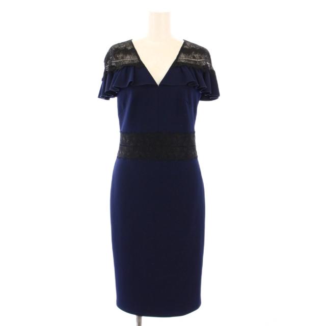 【中古】タダシショージ タイトワンピース ひざ丈 半袖 Vネック レース 切替 ストレッチ バイカラー XXS 紺 黒