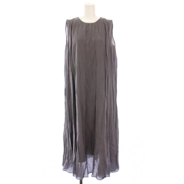 【中古】アナイ シルクコットンローンプリーツワンピース フレア マキシ ロング ノースリーブ クルーネック グレー