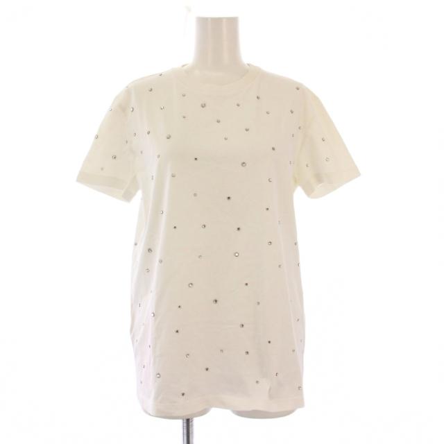 【中古】ミュウミュウ miumiu Tシャツ カットソー 半袖 クルーネック ストレッチ ビジュー 装飾 S 白 ホワイト /BB