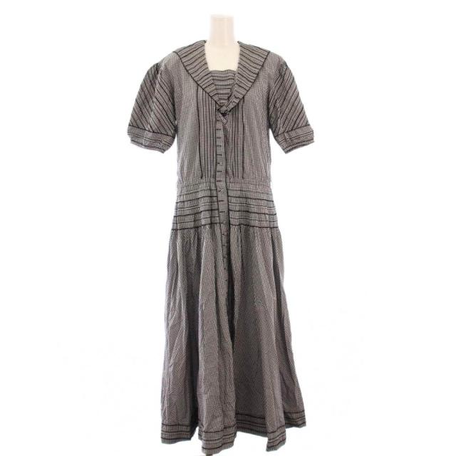 【中古】インゲボルグ INGEBORG フレアワンピース マキシ ロング 半袖 パフスリーブ ギンガムチェック グレー