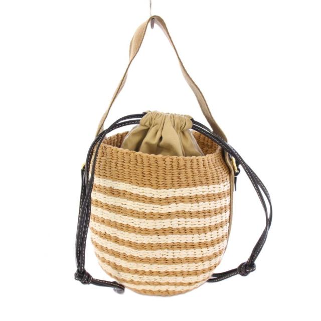 【中古】クロエ ウッディ スモールバスケット 2WAY かごバッグ ショルダーバッグ ボーダー柄 ロゴ ベージュ 白