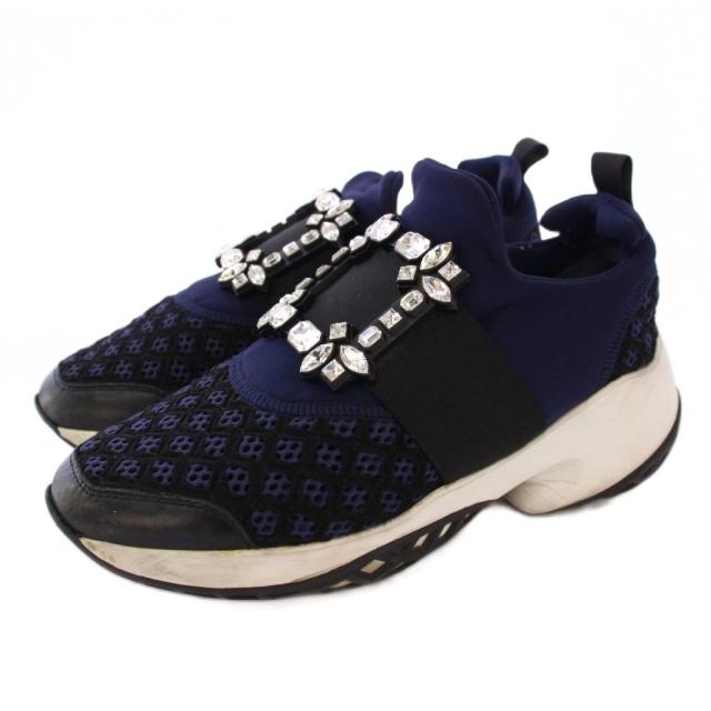 【中古】ロジェヴィヴィエ ROGER VIVIER VIV RUN STRASS TECHNICAL スニーカー ビジュー 37.5 紺 /KH レディース