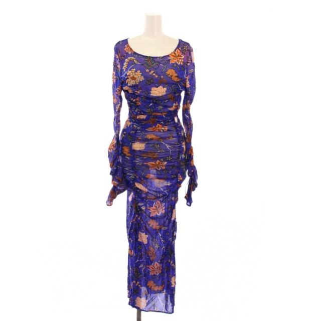 【中古】ダイアンフォンファステンバーグ タイトワンピース ミモレ ロング 長袖 クルーネック ストレッチ 青