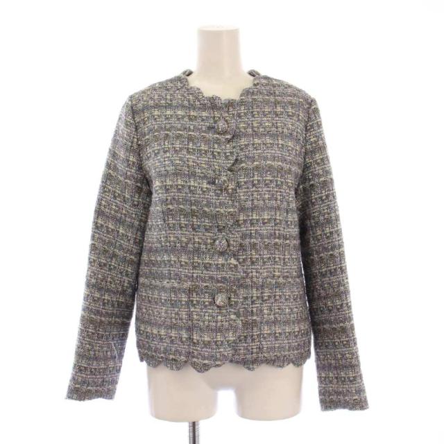 【中古】チェスティ Chesty ノーカラージャケット アウター ショート丈 ツイード ウール混 0 青 ブルー