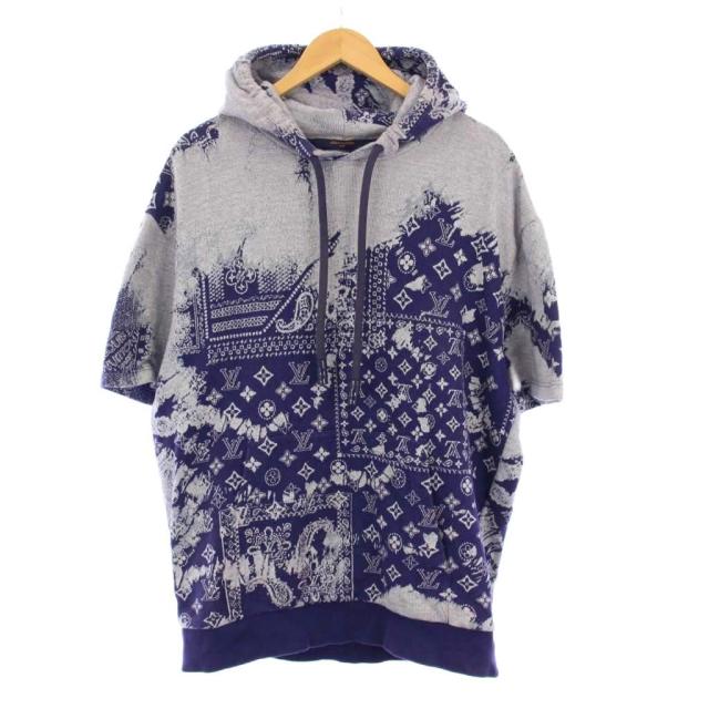 【中古】ルイヴィトン 22AWモノグラム バンダナ ショートスリーブフーディ プルオーバーパーカー 半袖 L 紺 RM222M
