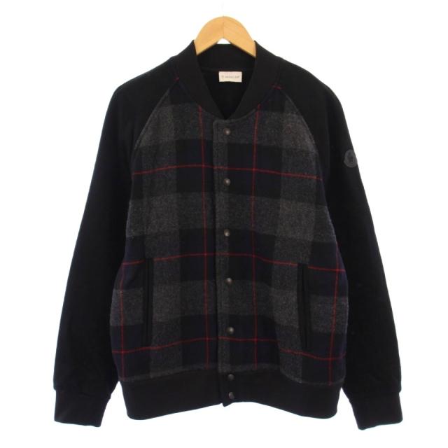 【中古】モンクレール MONCLER MAGLIA CARDIGAN ウールジャケット アウター ショート丈 チェック柄 L 黒 グレー