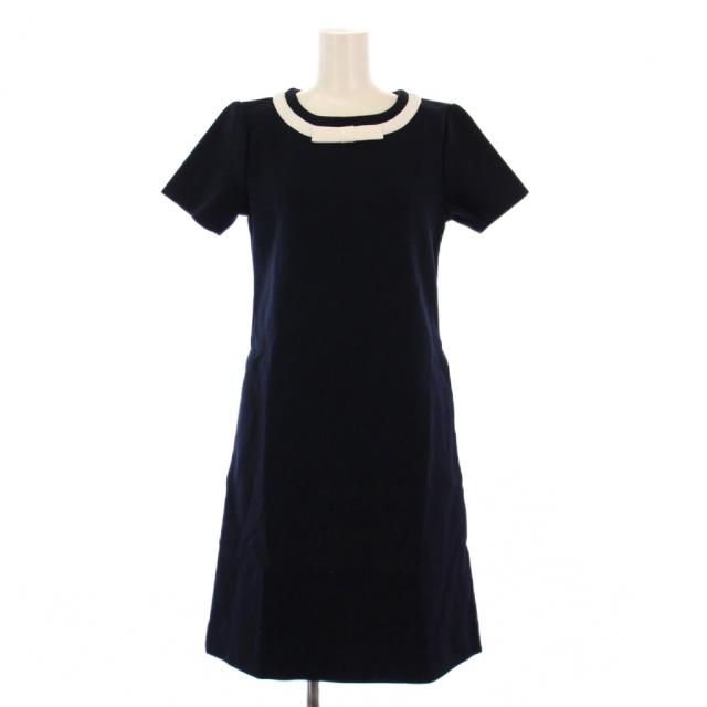 【中古】ルネ Rene 23年製 フレアワンピース ひざ丈 半袖 クルーネック ストレッチ リボン 装飾 34 紺 ネイビー