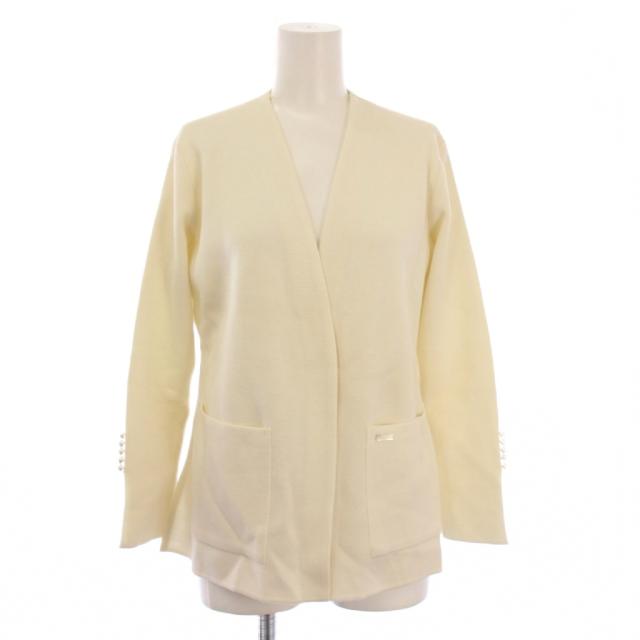 【中古】ルネ Rene ノーカラージャケット アウター ニット 前開きトッパー ウール ストレッチ 34 アイボリー