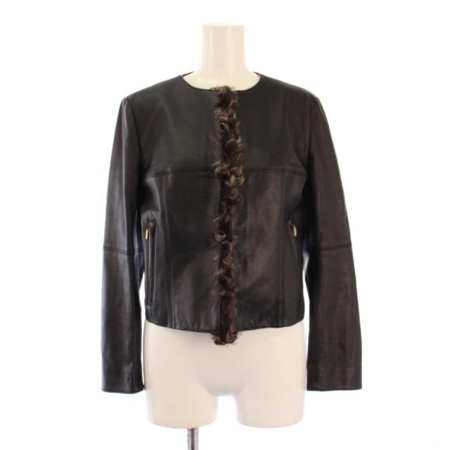 【中古】エポカ EPOCA レザージャケット 革ジャン 羊革 ノーカラー アウター ショート丈 ジップアップ 40 黒