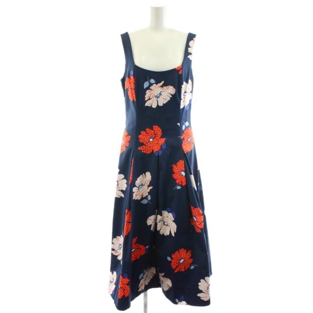 【中古】ケイトスペード KATE SPADE ドッティ フローラル ファイユ ドレス ワンピース ミモレ ロング 4 紺 赤 KF790