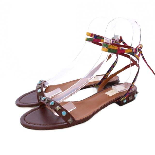【中古】ヴァレンティノ ガラヴァーニ VALENTINO GARAVANI サンダル スタッズ レースアップ ローヒール 38 茶 /KH