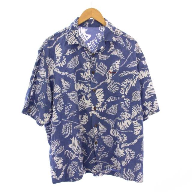 【中古】パパス Papas アロハシャツ カジュアル 半袖 オープンカラー 総柄 バイカラー L 青 ブルー 白 ホワイト