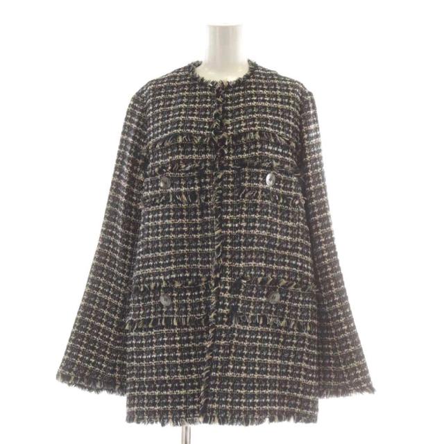 【中古】ランバンオンブルー LANVIN en Bleu ツイードノーカラージャケット 36 黒 ブラック フリンジ 3396204 /AU