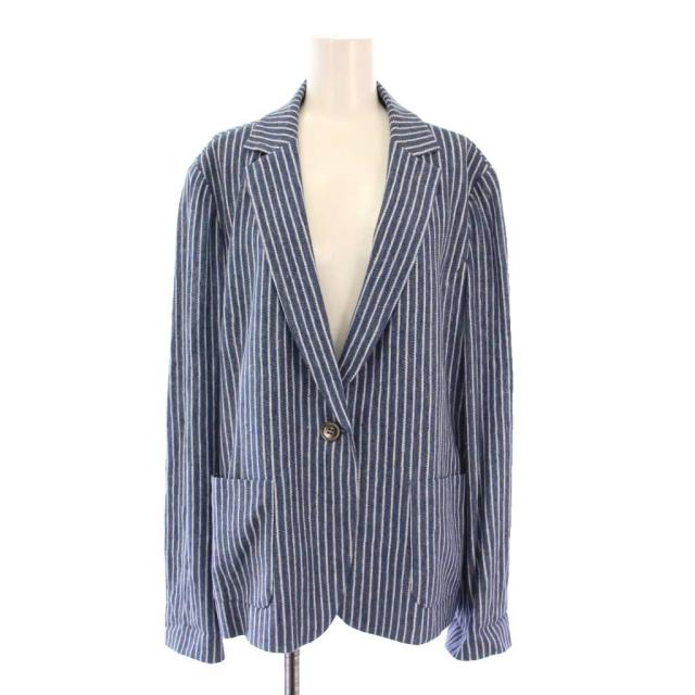 【中古】未使用品 ネミカ テーラードジャケット アウター シングル 麻 リネン バイカラー ストライプ柄 青 白