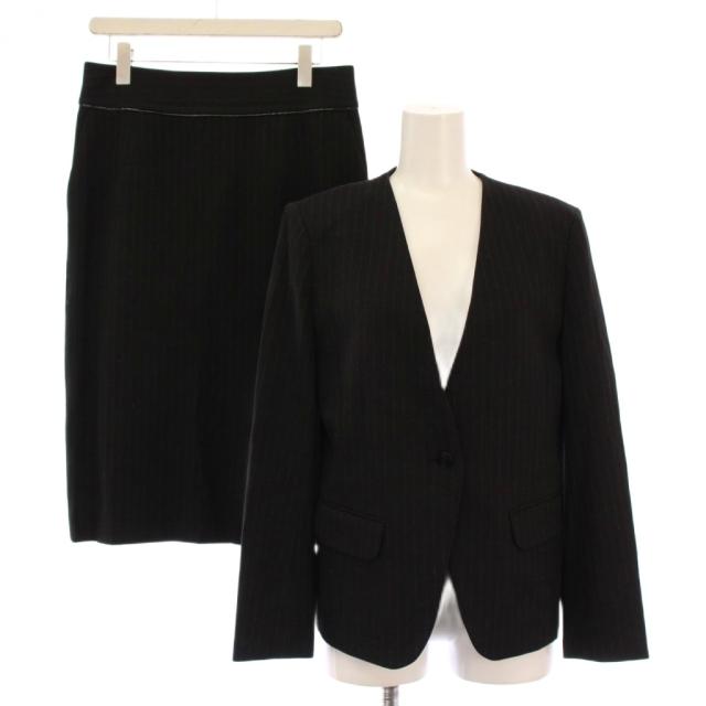 【中古】ダブルビー モガ セットアップ ノーカラージャケット アウター タイトスカート ひざ丈 ストライプ柄 38 黒