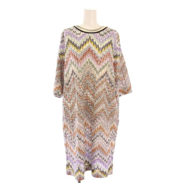 【中古】ミッソーニ MISSONI ニットワンピース ミニ丈 半袖 クルーネック ストレッチ ウール M マルチカラー