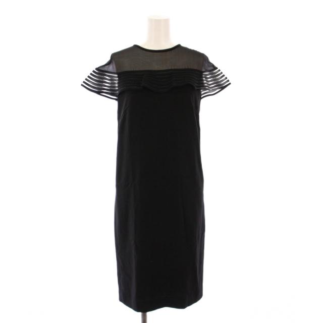 【中古】エポカ EPOCA タイトワンピース ひざ丈 半袖 フレンチスリーブ クルーネック シアー シースルー 切替 38 黒