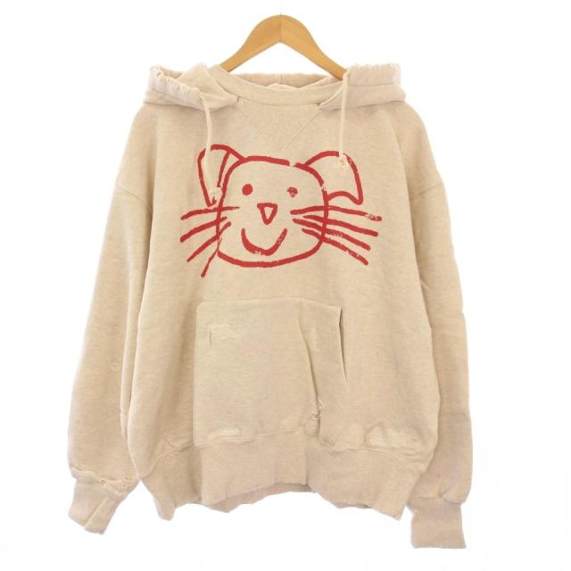 【中古】未使用品 フラグスタフ CAT BORO AFTER HOODIE プルオーバーパーカー スウェット 長袖 プリント L ベージュ