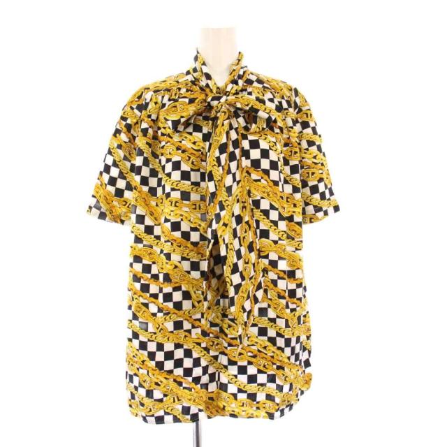 【中古】バレンシアガ BALENCIAGA ボウタイシャツ ブラウス 半袖 サテン 総柄 シルク 38 黄色 イエロー 黒 白