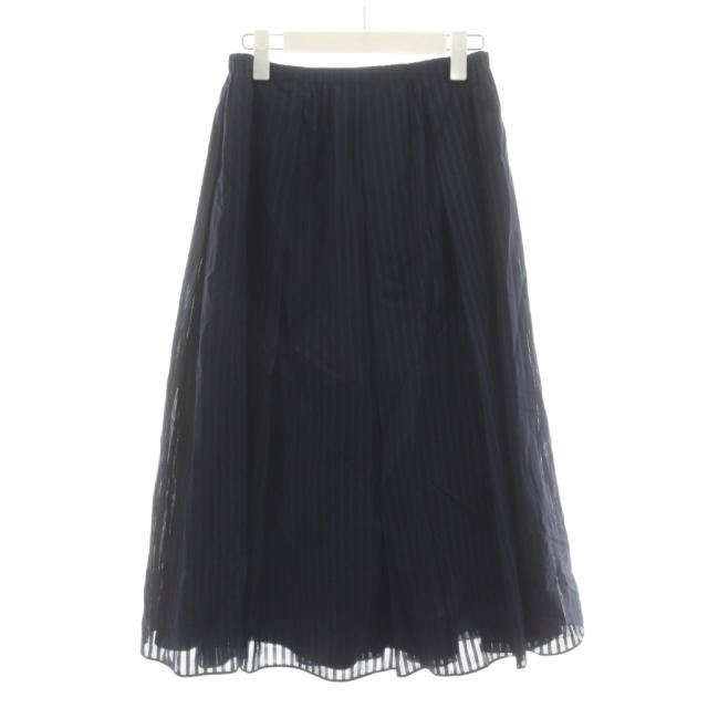 【中古】未使用品 セオリー Theory LINEAR COTTON IRREG PLT PO SK フレアスカート ミモレ ロング ストライプ柄 S 紺