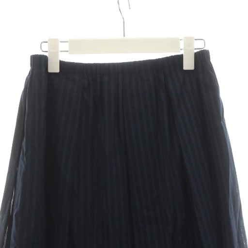 【中古】未使用品 セオリー Theory LINEAR COTTON IRREG PLT PO SK フレアスカート ミモレ ロング ストライプ柄 S 紺_3