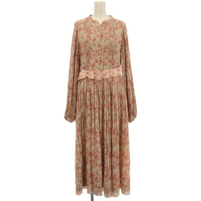 【中古】エステラケー Estella.K 花柄 ワンピース プリーツ 長袖 F ベージュ ピンク /☆G レディース
