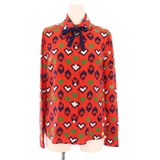 【中古】グッチ GUCCI プリントタイネックシルクブラウス シャツ 長袖 36 赤 741337 /KH レディース