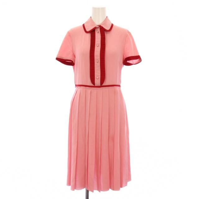 【中古】グッチ GUCCI シルクプリーツドレスワンピース 半袖 ひざ丈 フリル 38 ピンク 429049 /KH レディース