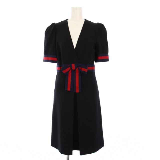 【中古】グッチ GUCCI Jersey V-neck Dress ジャージーVネックワンピース ひざ丈 半袖 リボン M 黒 501488 /KH