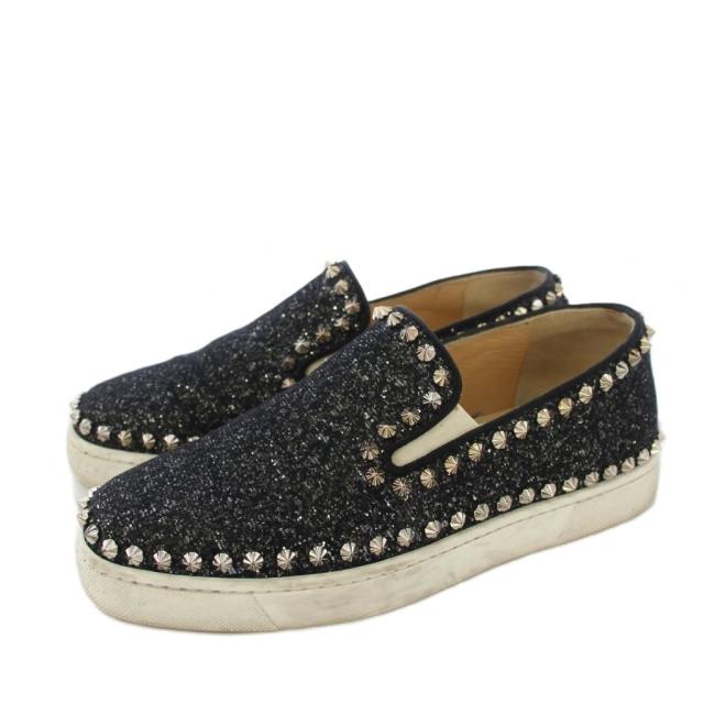 【中古】クリスチャンルブタン Christian louboutin PIK BOAT FLAT スパイク スリッポン フラットシューズ 36 黒