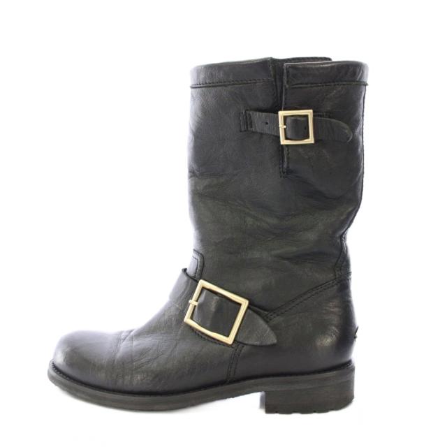 【中古】ジミーチュウ JIMMY CHOO ロングブーツ ラウンドトゥ ローヒール レザー ベルト ワンカラー 36.5 黒