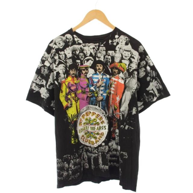 【中古】90's THE BEATLES ビートルズ シングルステッチ Tシャツ 半袖 クルーネック プリント 総柄 黒 マルチカラー