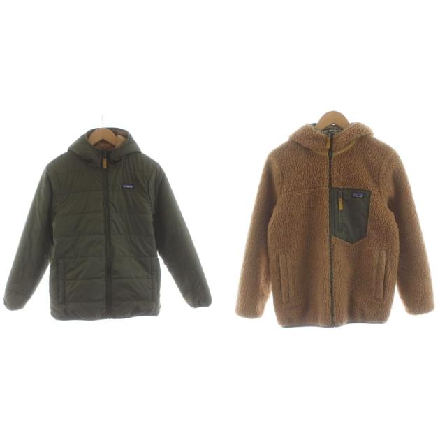 【中古】パタゴニア リバーシブル レディ フレディ フーディ ジャケット 中綿 ボア 男の子 14 カーキ 茶 68095