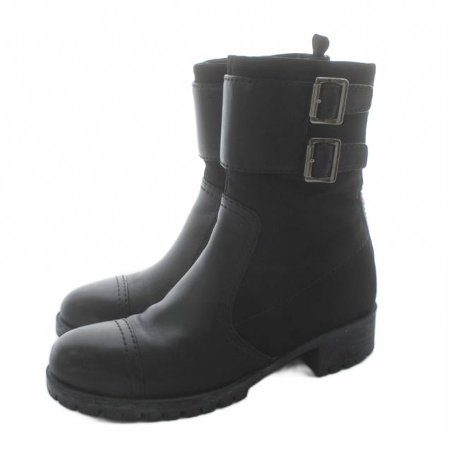 【中古】プラダ PRADA ショートブーツ サイドジップ レザー 切替 ナイロン ベルト 37 黒 ブラック 3T6109