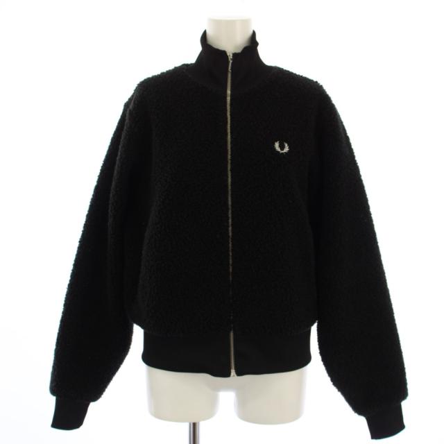 【中古】フレッドペリー FRED PERRY ボアジャケット フリースジャケット ジップアップ ロゴ刺繍 UK10 黒 レディース