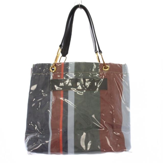【中古】マルニ グロッシーグリップ トートバッグ ハンドバッグ ビニール レザー ストライプ柄 ロゴ マルチカラー