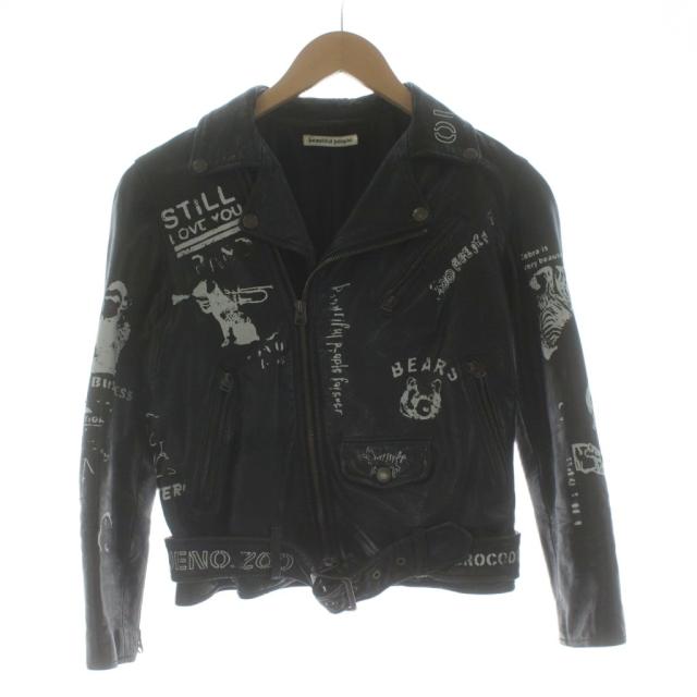 【中古】ビューティフルピープル Barbour ダブルライダースジャケット レザージャケット 総柄 140cm 黒 1120102005