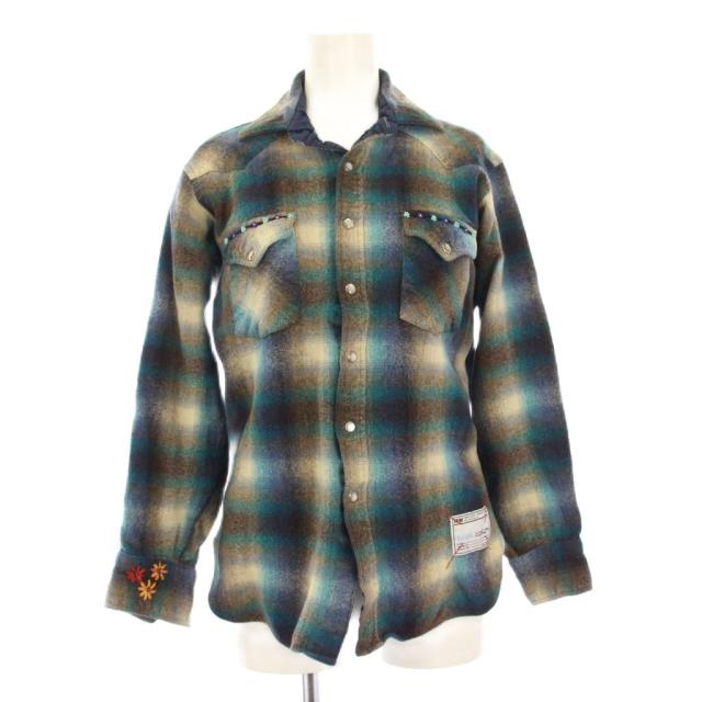 【中古】ペンドルトン PENDLETON ヴィンテージ 70s ビーズ 花刺繍 ウエスタンシャツ 長袖 チェック L 緑 茶 /KH